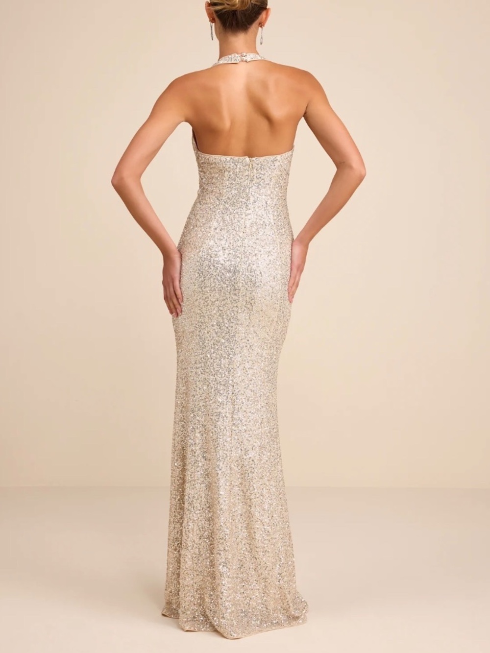 LULUS Velenia Champagne Sequin Halter Mermaid Maxi Dress S - Picture 2 of 14